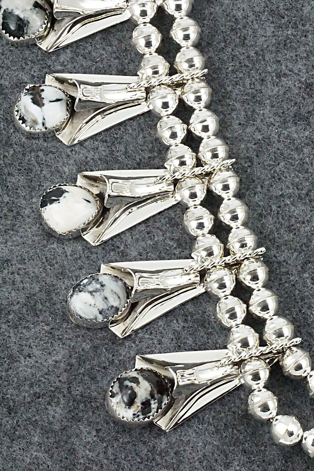 White Buffalo & Sterling Silver Squash Blossom Set - Louise Yazzie