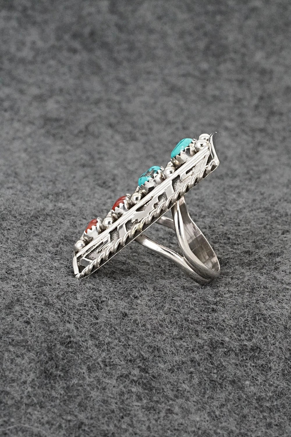 Turquoise, Coral & Sterling Silver Ring - Ronnie Spencer - Size 8.5