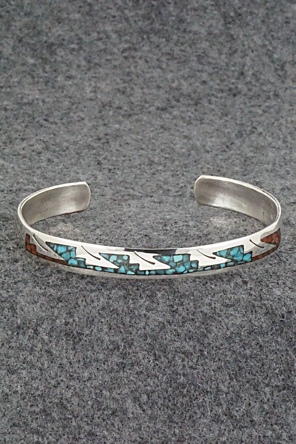 Turquoise, Coral Chip Inlay & Sterling Silver Bracelet - Joleen Yazzie