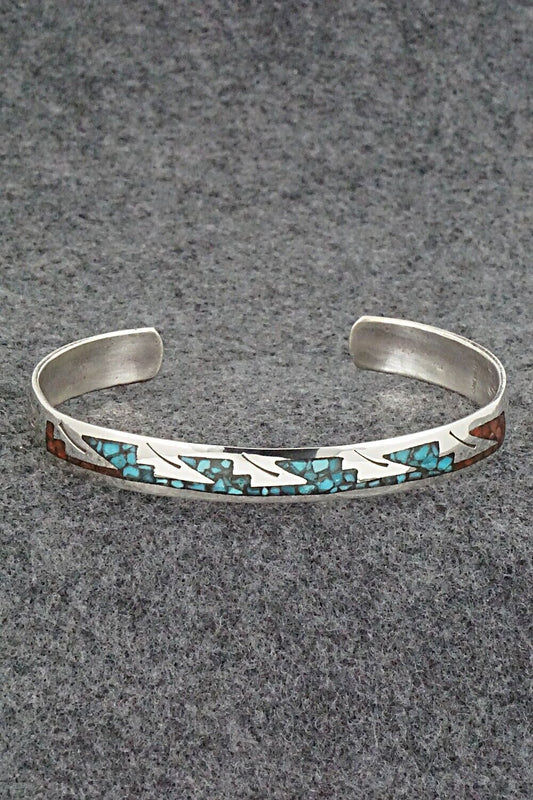 Turquoise, Coral Chip Inlay & Sterling Silver Bracelet - Joleen Yazzie