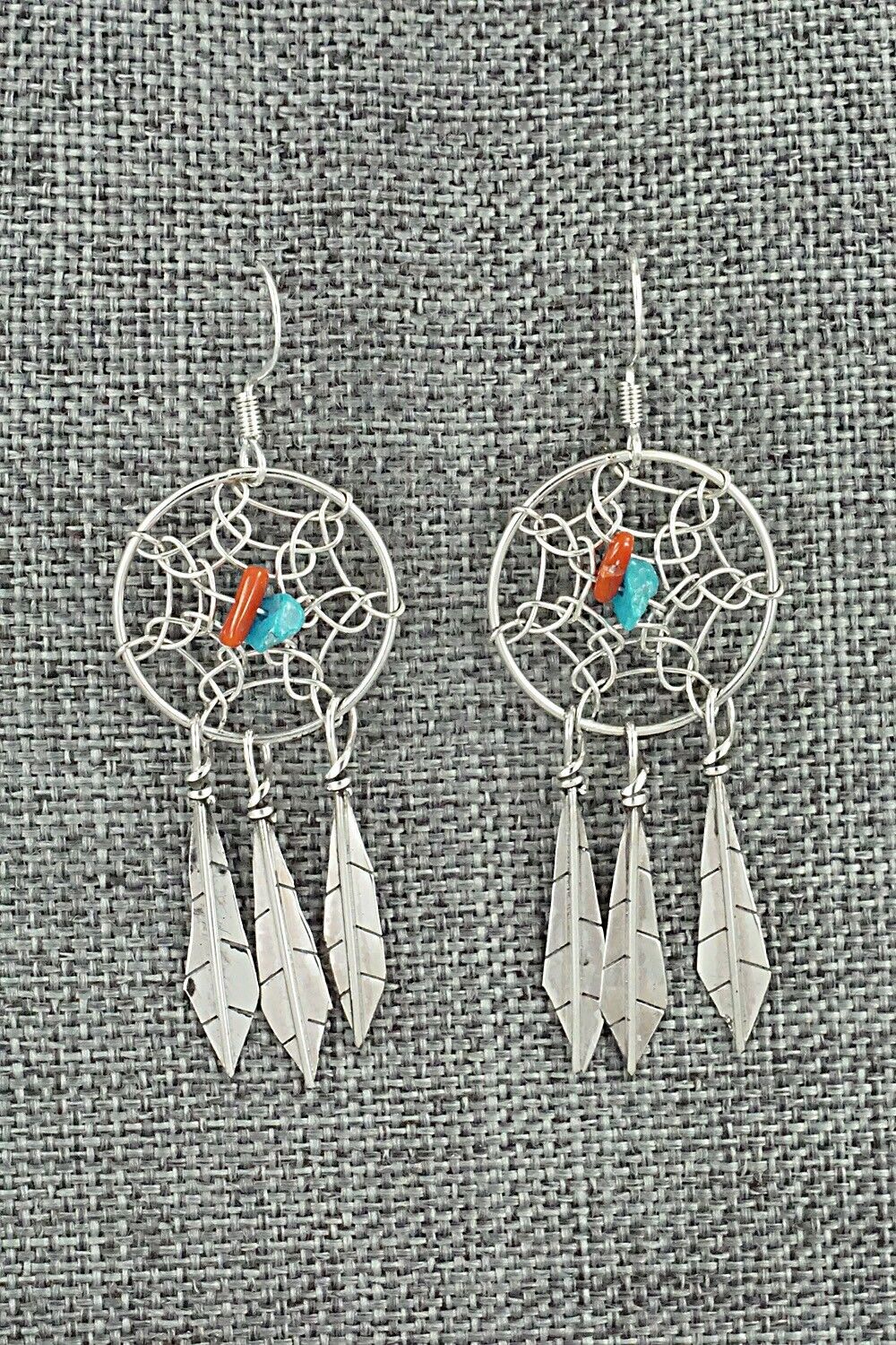 Turquoise, Coral & Sterling Silver Earrings - Lorenzo Arviso Jr.