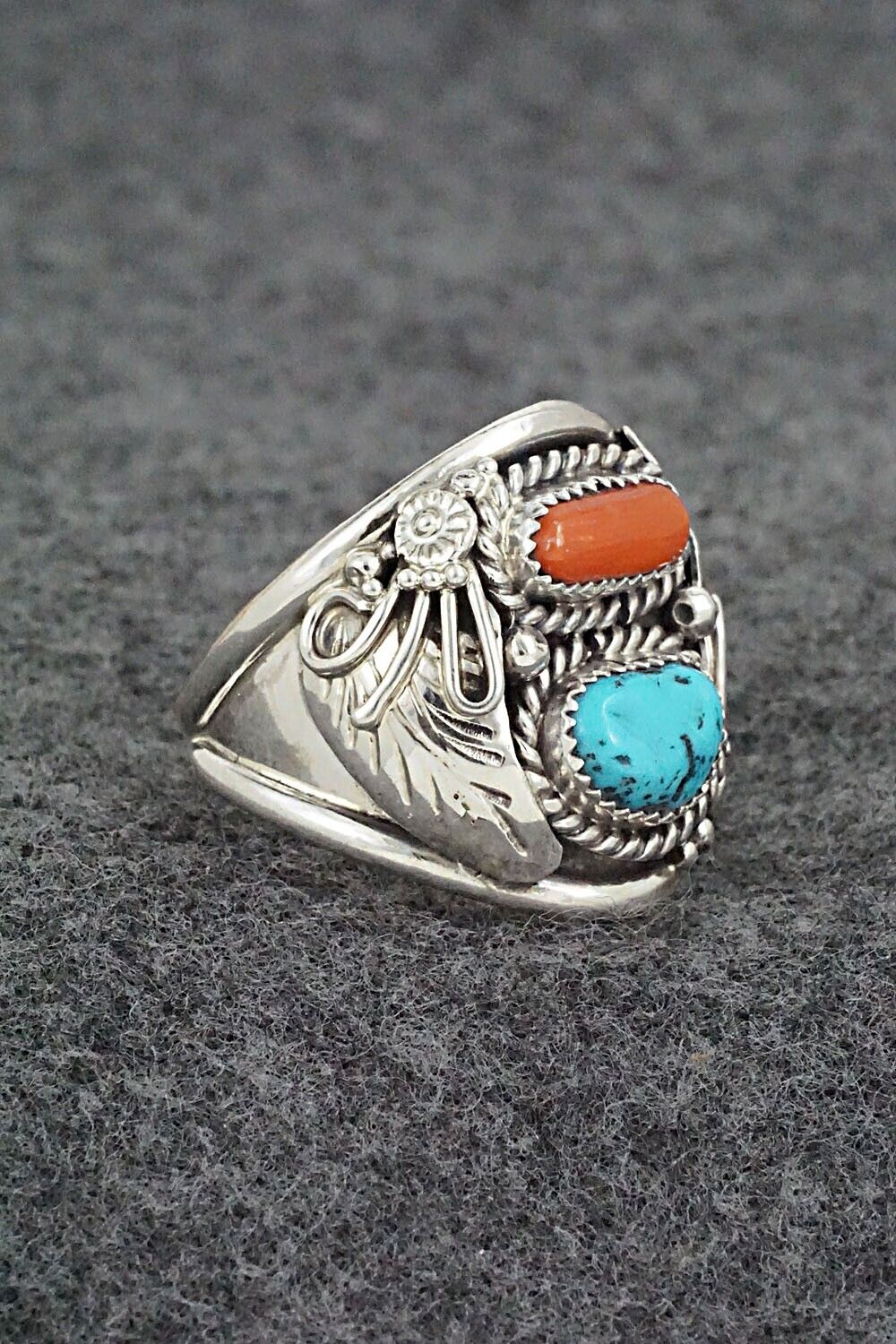 Turquoise, Coral & Sterling Silver Ring - Leonard Spencer - Size 11.5