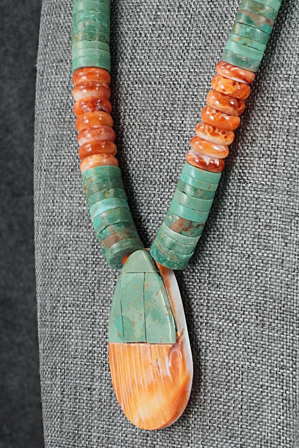 Turquoise, Spiny Oyster and Sterling Silver Necklace - Lupe Lovato