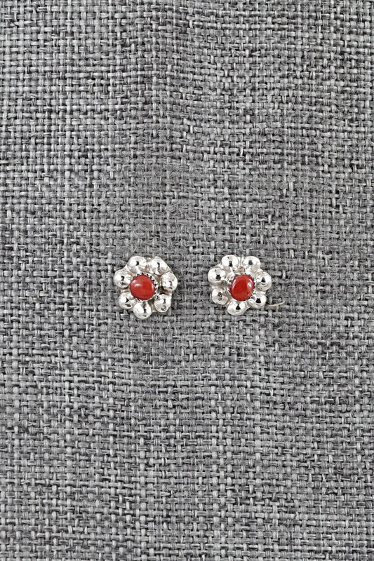 Coral and Sterling Silver Earrings - Ronald Yatsattie