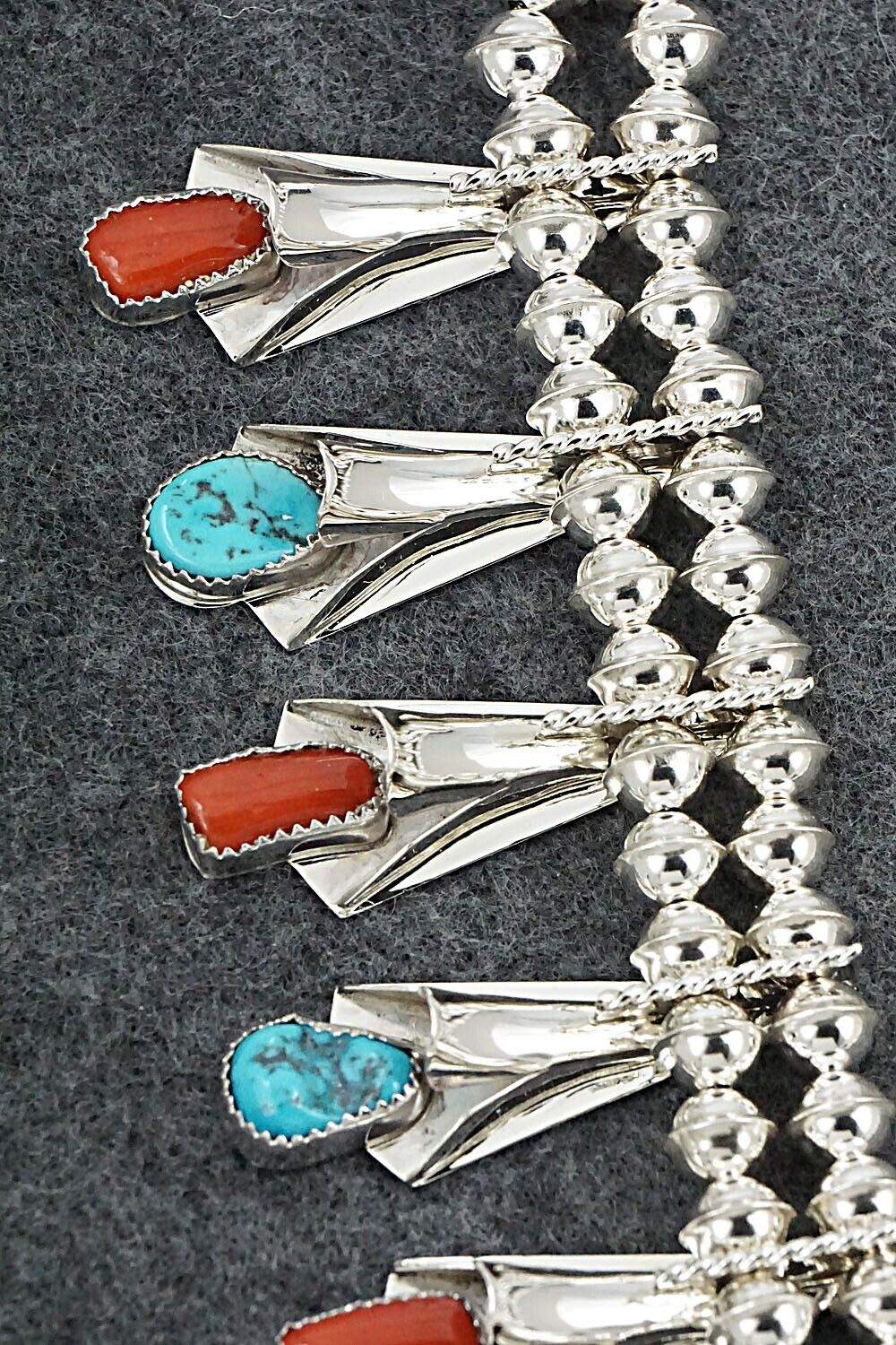 Turquoise, Coral & Sterling Silver Squash Blossom Set - Louise Yazzie