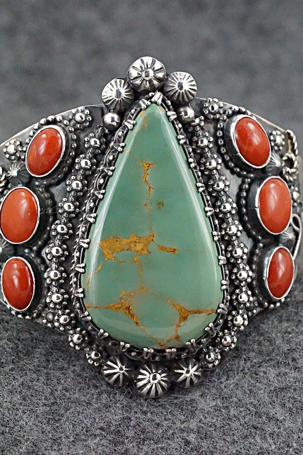 Turquoise, Coral & Sterling Silver Bracelet - Readda Begay