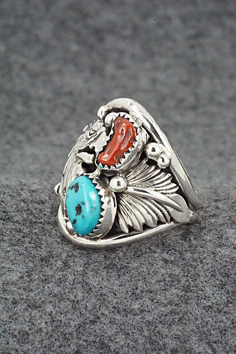 Turquoise, Coral & Sterling Silver Ring - Jeannette Saunders - Size 11