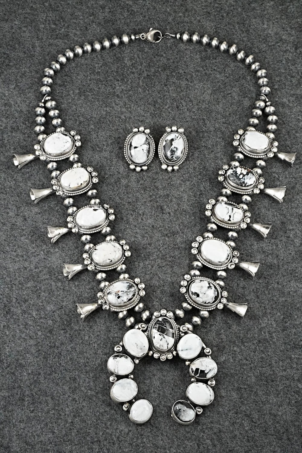 White Buffalo & Sterling Silver Squash Blossom Set - Darrin Livingston