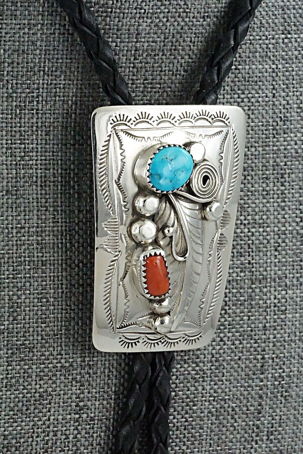Turquoise, Coral & Sterling Silver Bolo Tie - Wilbur Myers