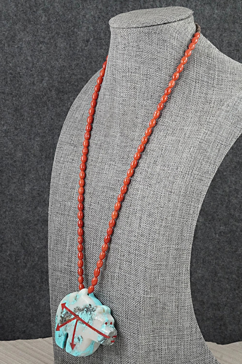 Coral, Turquoise Zuni Fetish & Sterling Silver Necklace - Bernard Laiwakete