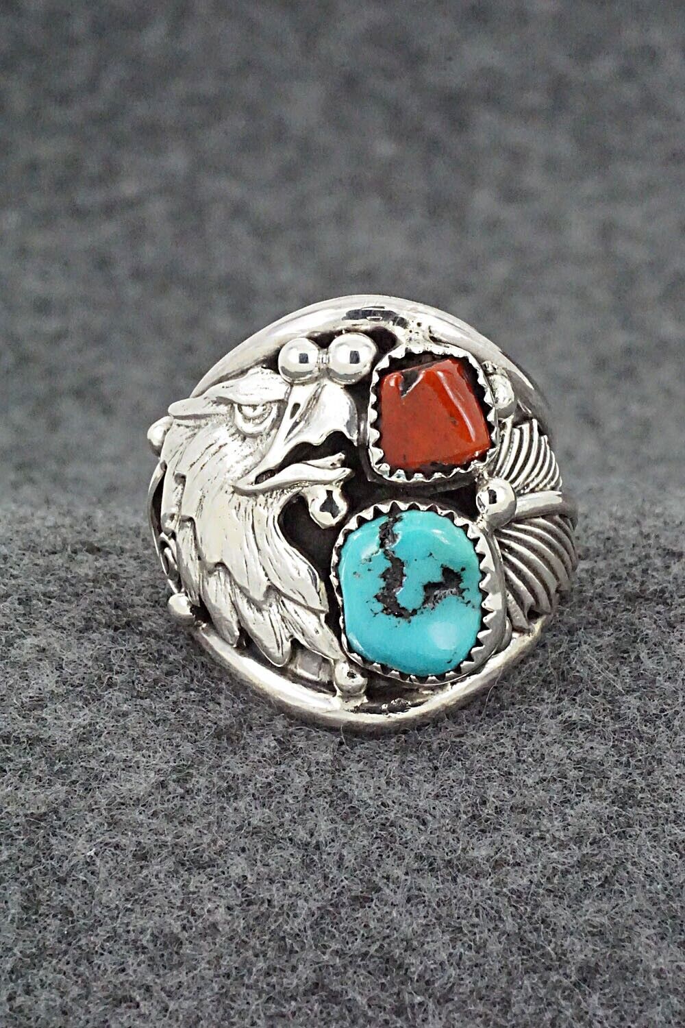 Turquoise, Coral & Sterling Silver Ring - Jeannette Saunders - Size 11.5