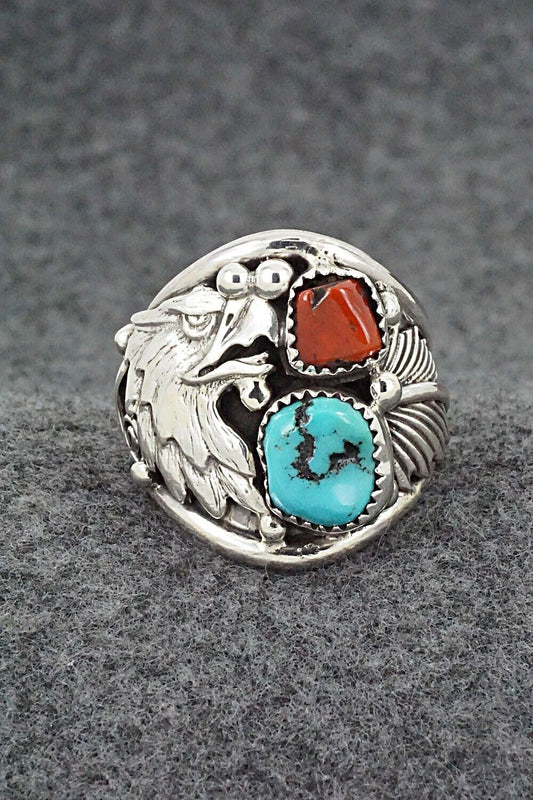 Turquoise, Coral & Sterling Silver Ring - Jeannette Saunders - Size 11.5