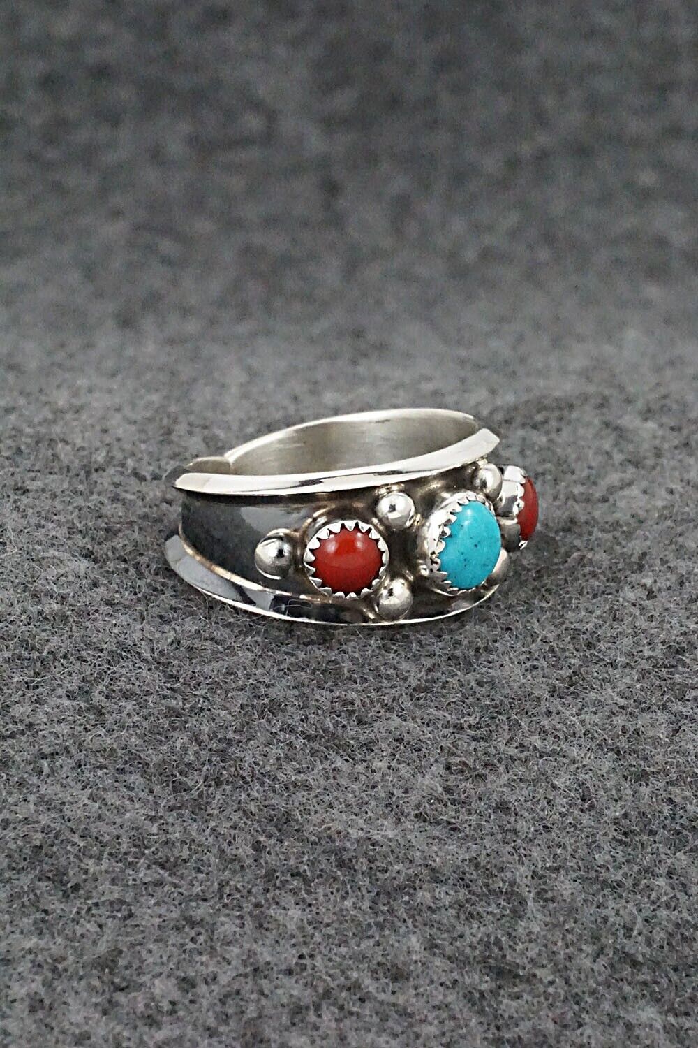 Turquoise, Coral & Sterling Silver Ring - Paul Largo - Size 9.5