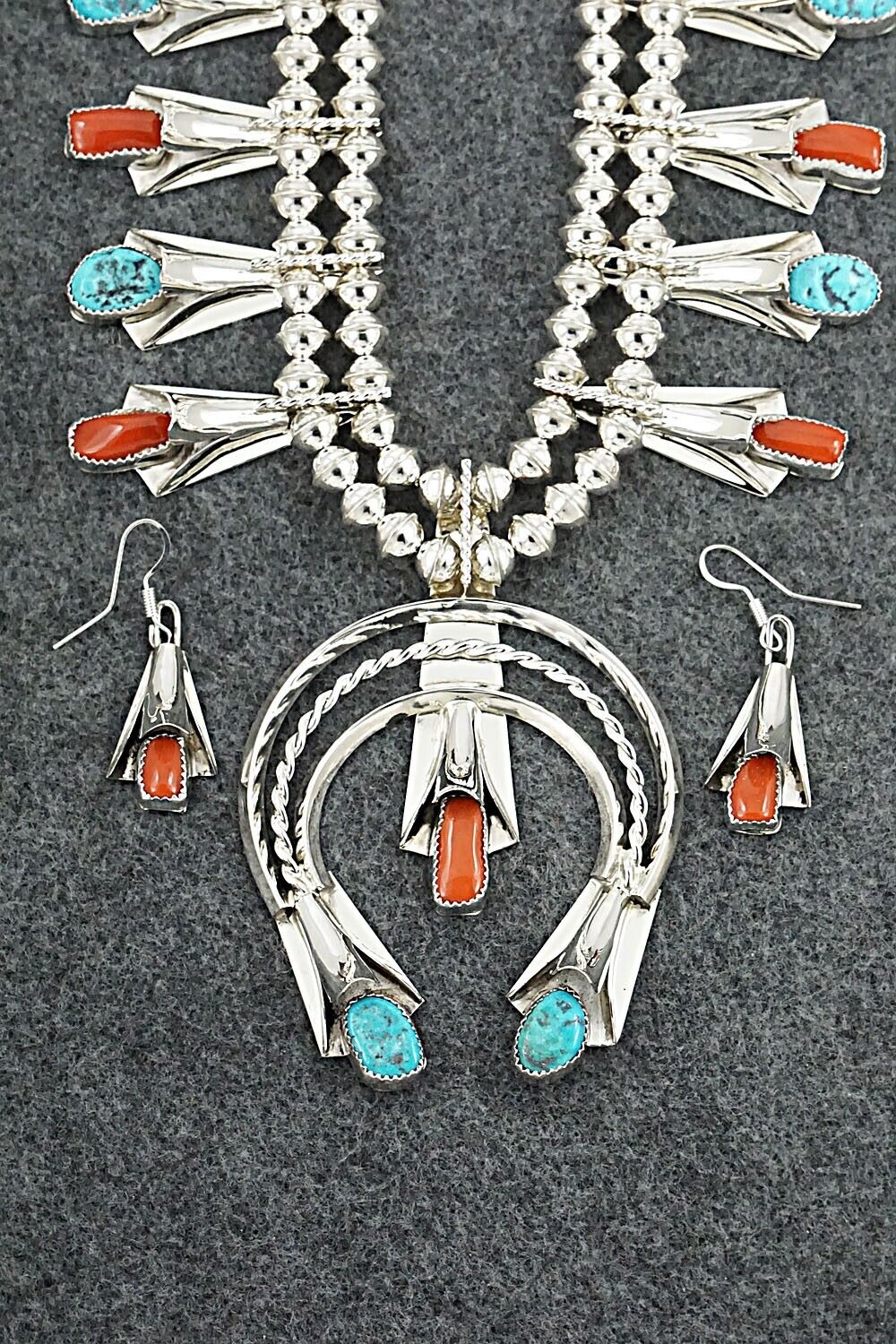 Turquoise, Coral & Sterling Silver Squash Blossom Set - Louise Yazzie