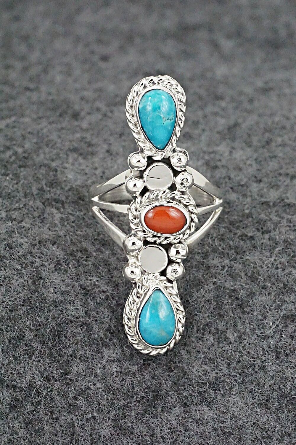 Turquoise, Coral & Sterling Silver Ring - Andrew Vandever - Size 6