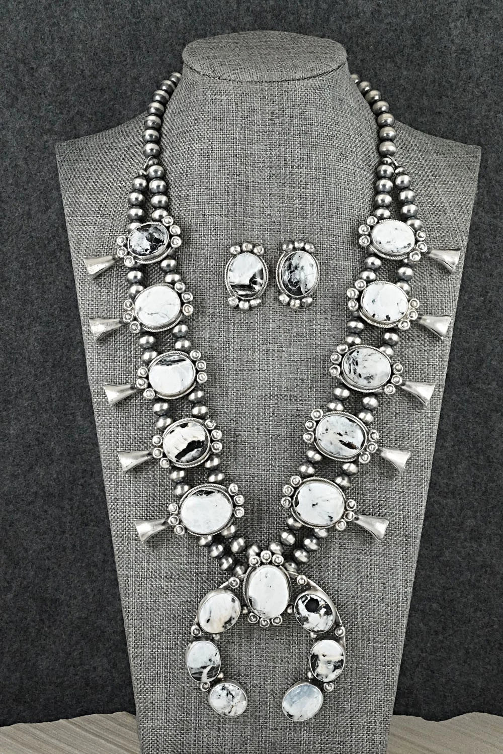 White Buffalo & Sterling Silver Squash Blossom Set - Darrin Livingston