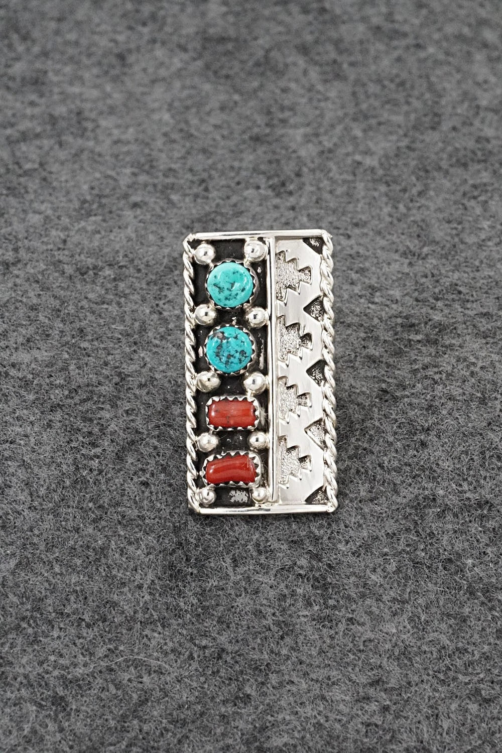 Turquoise, Coral & Sterling Silver Ring - Ronnie Spencer - Size 6.5