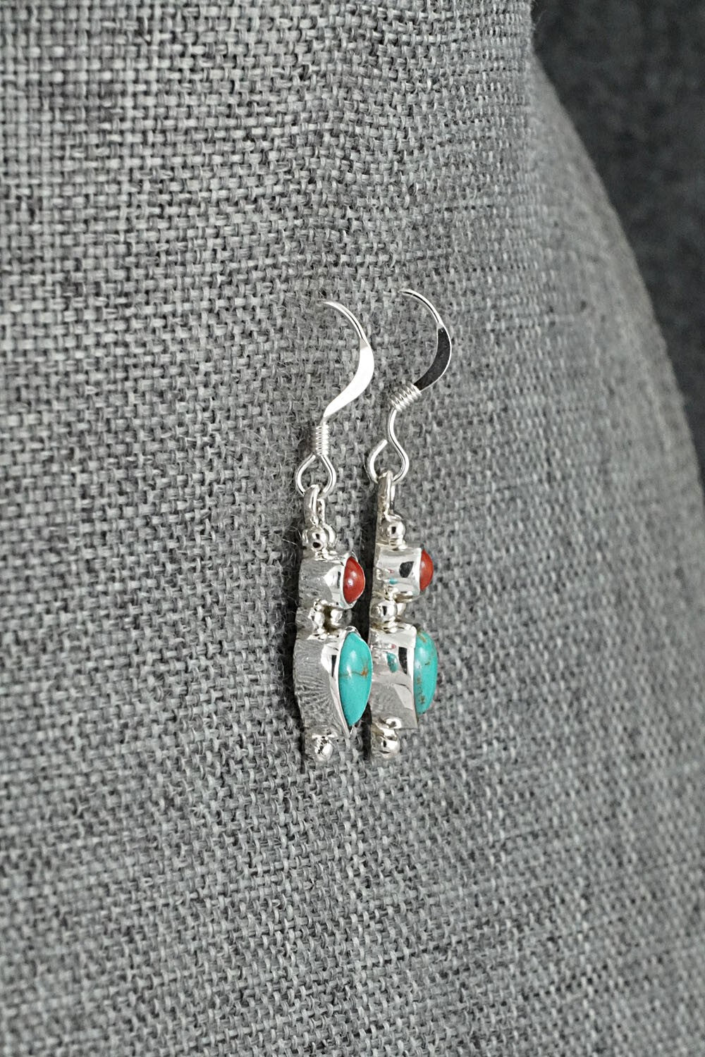 Turquoise, Coral & Sterling Silver Earrings - Gary Shorty