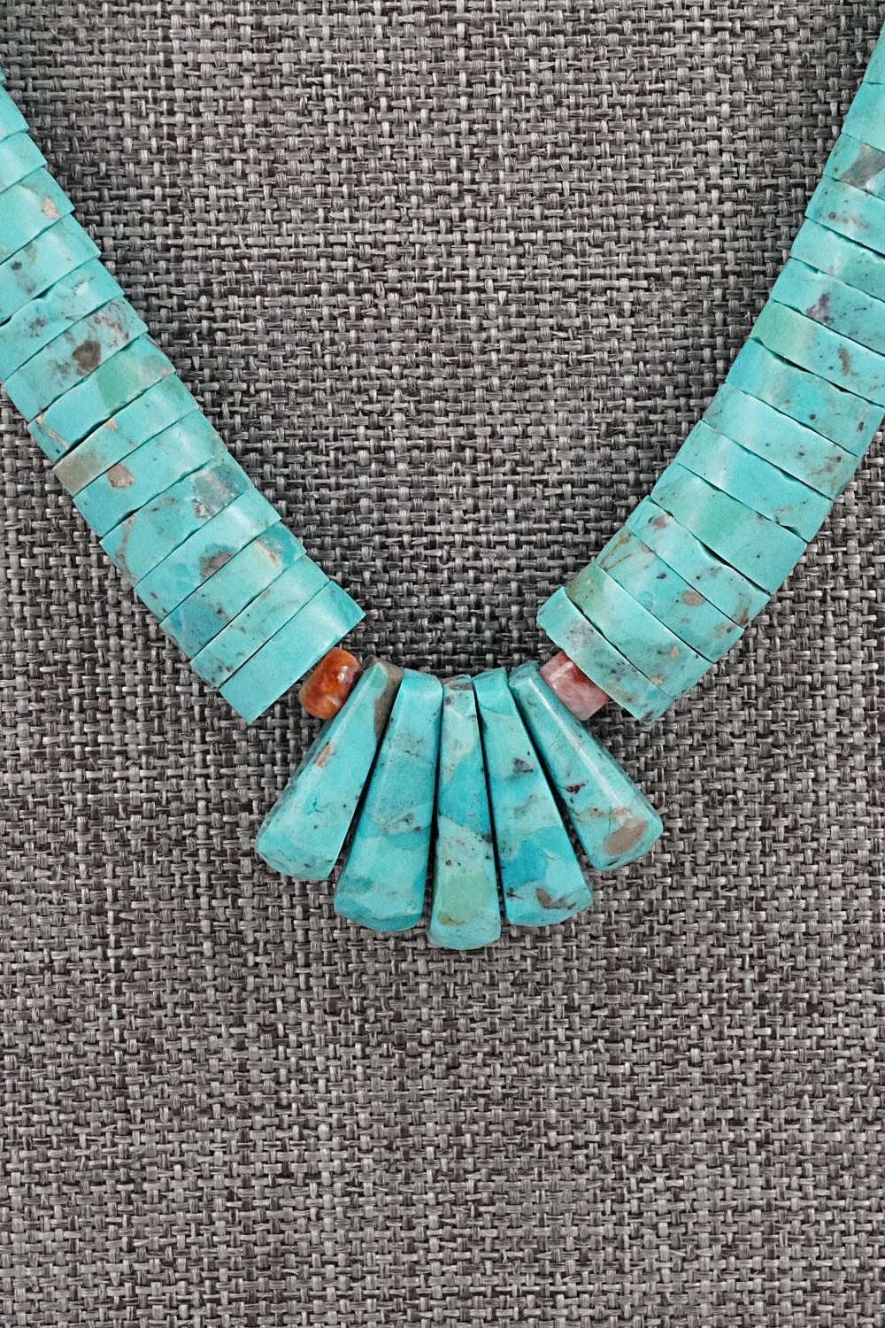 Turquoise, Spiny Oyster & Sterling Silver Necklace 21"- Lupe Lovato