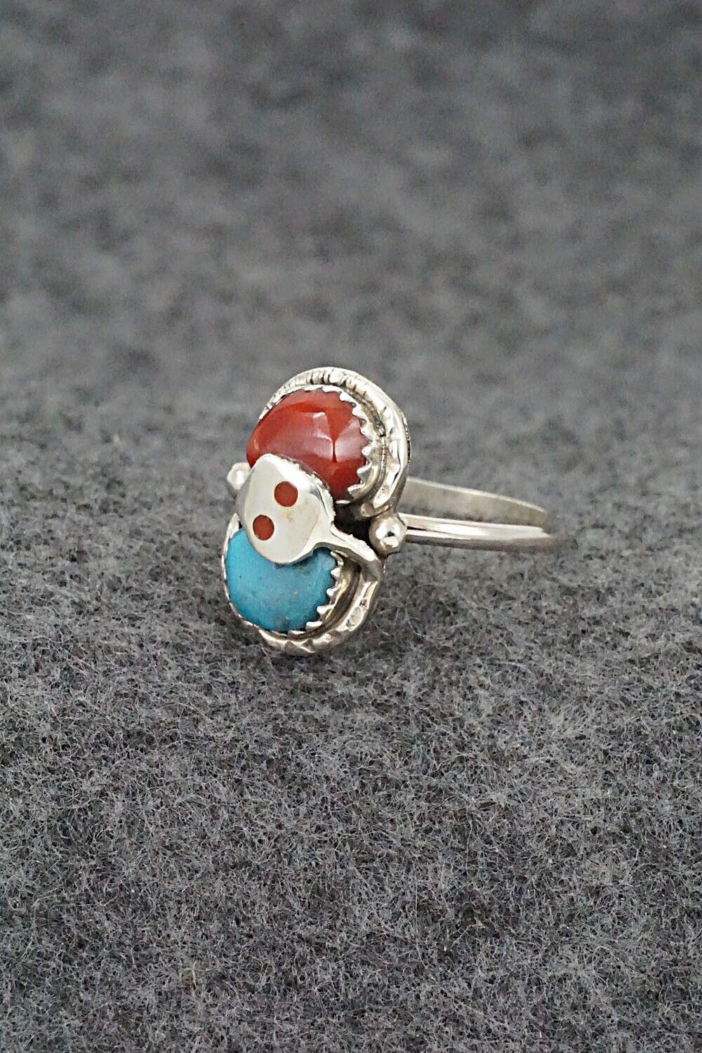 Turquoise, Coral & Sterling Silver Ring - Joy Calavaza - Size 8.5