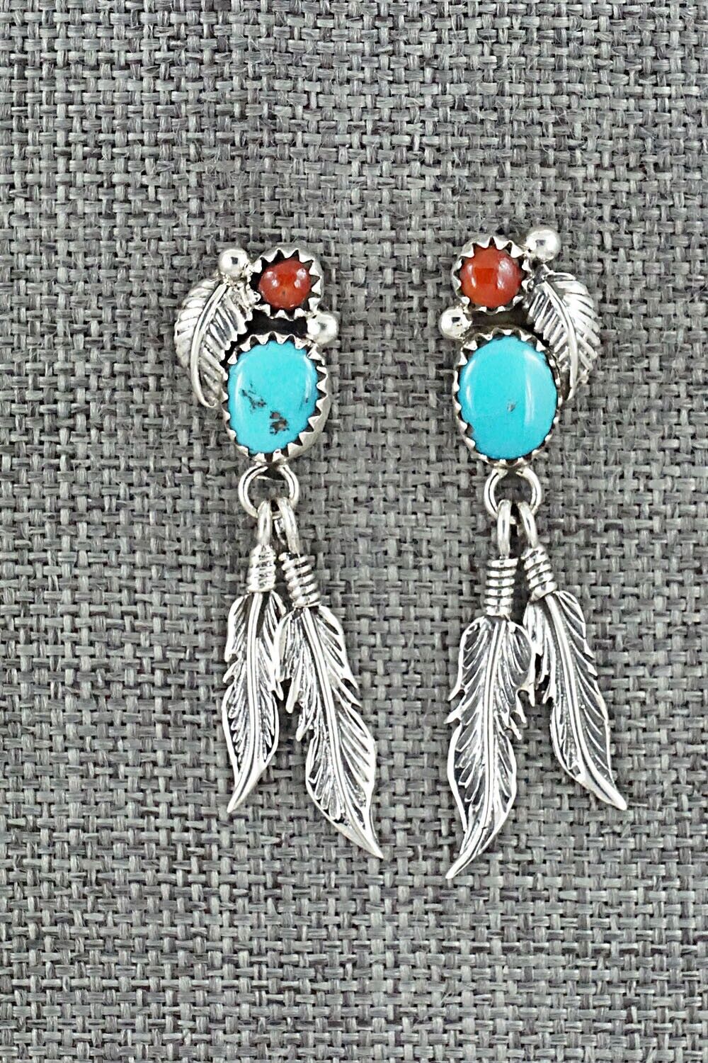 Turquoise, Coral & Sterling Silver Earrings - Marie Jones