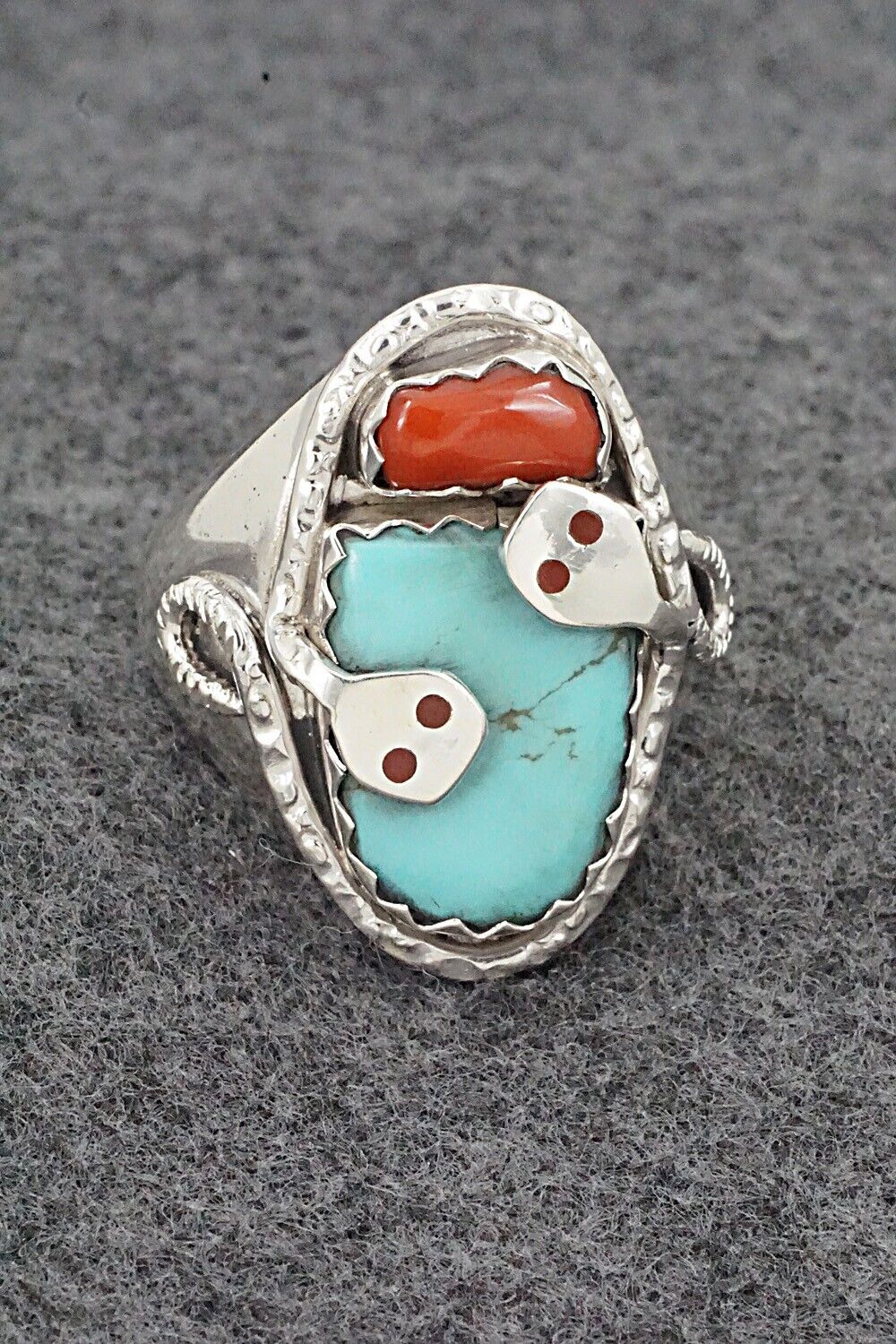 Turquoise, Coral & Sterling Silver Ring - Joy Calavaza - Size 11.25