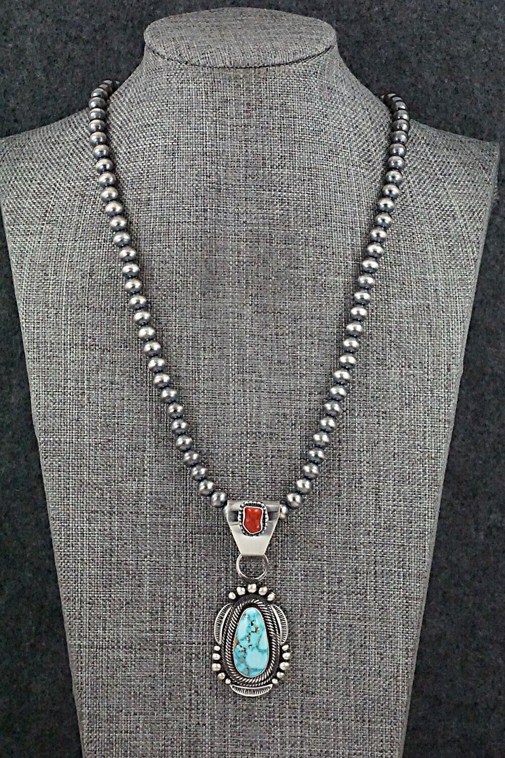 Turquoise, Coral & Sterling Silver Necklace - Tom Lewis