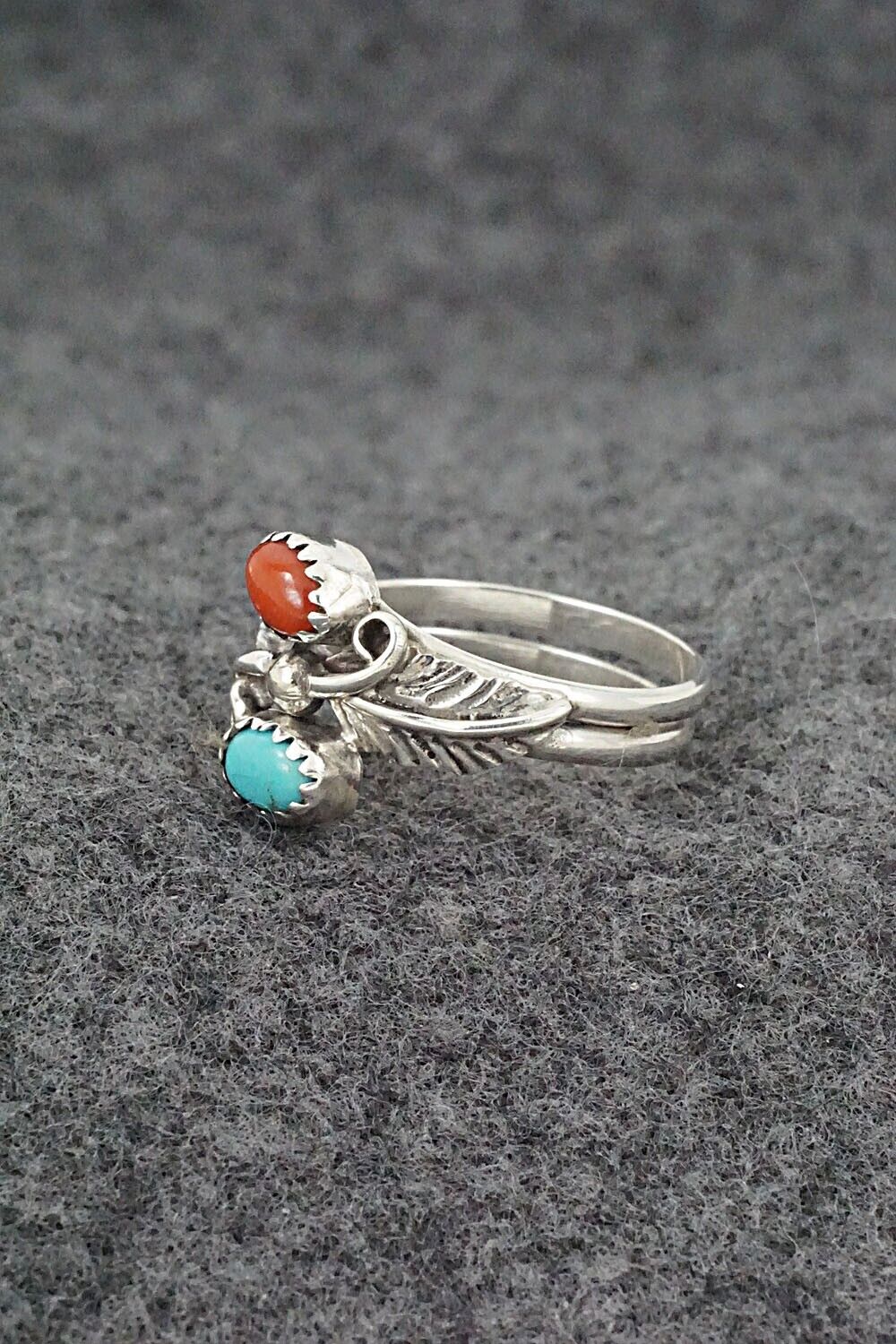 Turquoise, Coral & Sterling Silver Ring - Harry B. Yazzie - Size 7.5
