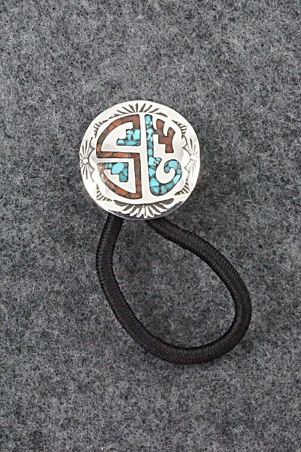Turquoise, Coral & Sterling Silver Hair Tie - Joleen Yazzie
