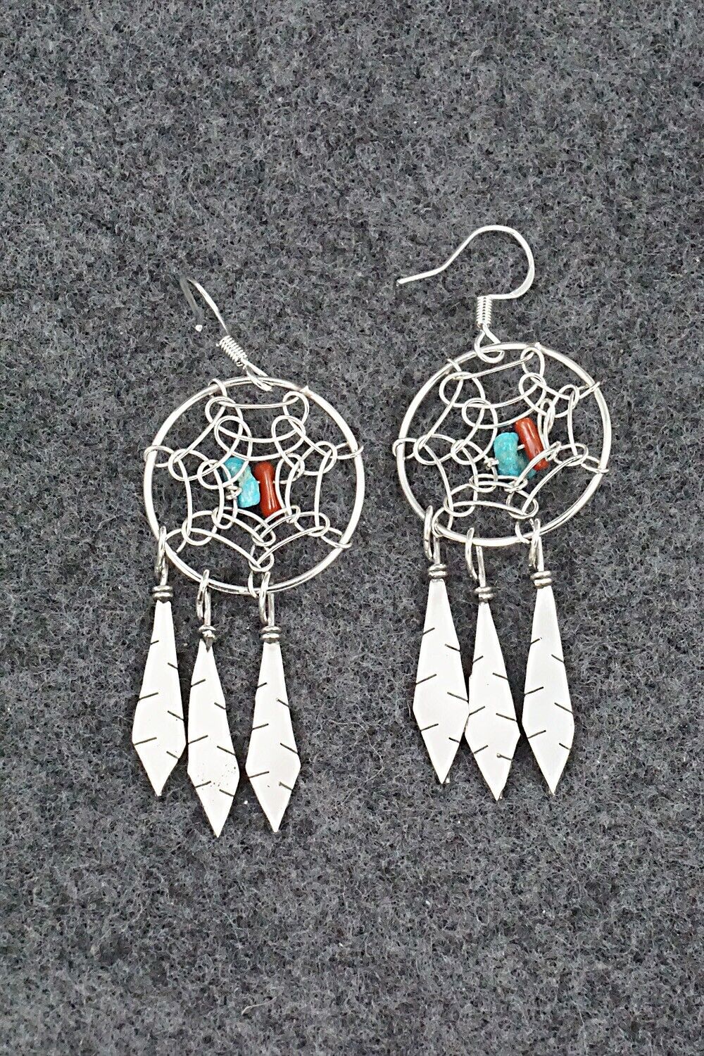 Turquoise, Coral & Sterling Silver Earrings - Lorenzo Arviso Jr.