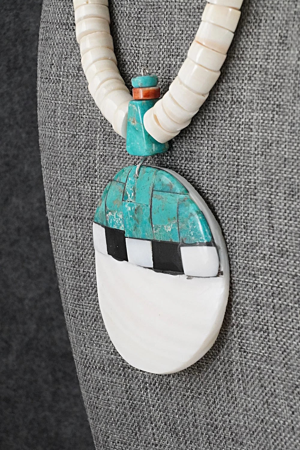 Turquoise, Melon Shell and Sterling Silver Necklace - Lupe Lovato