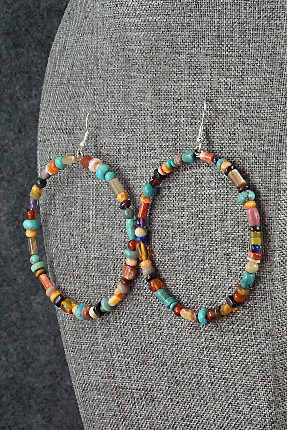 Multi Stone & Sterling Silver Hoop Earrings - Helen Tsosie