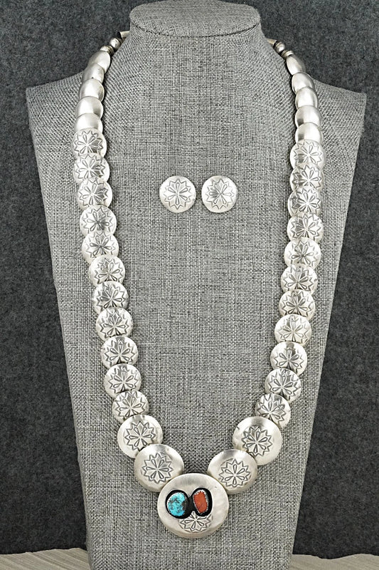 Turquoise, Coral & Sterling Silver Necklace and Earrings Set - Tim Thompson