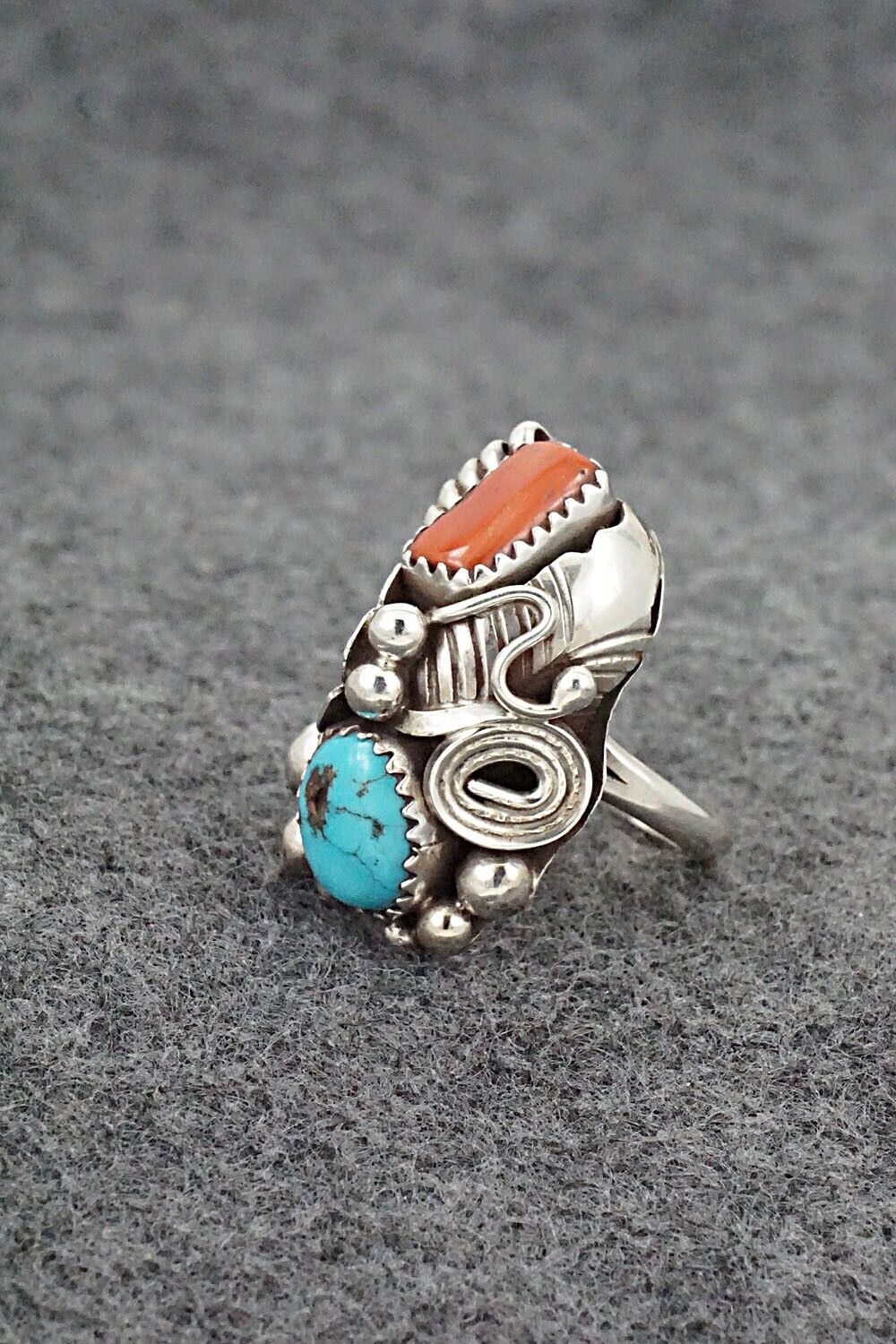 Turquoise, Coral & Sterling Silver Ring - Max Calladitto - Size 5