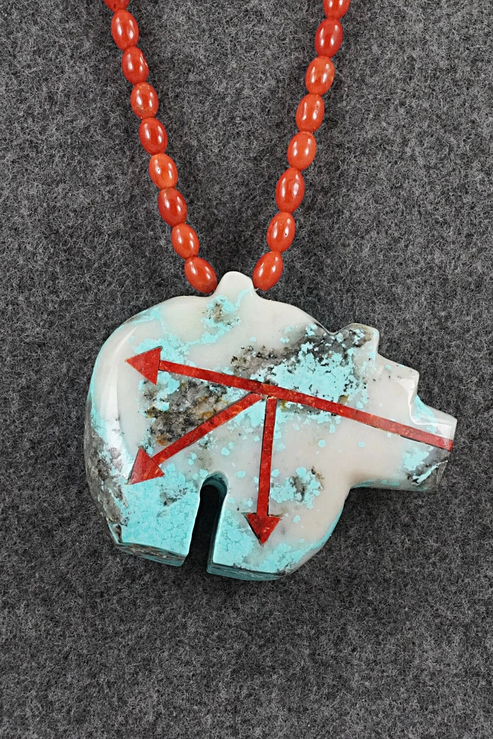Coral, Turquoise Zuni Fetish & Sterling Silver Necklace - Bernard Laiwakete