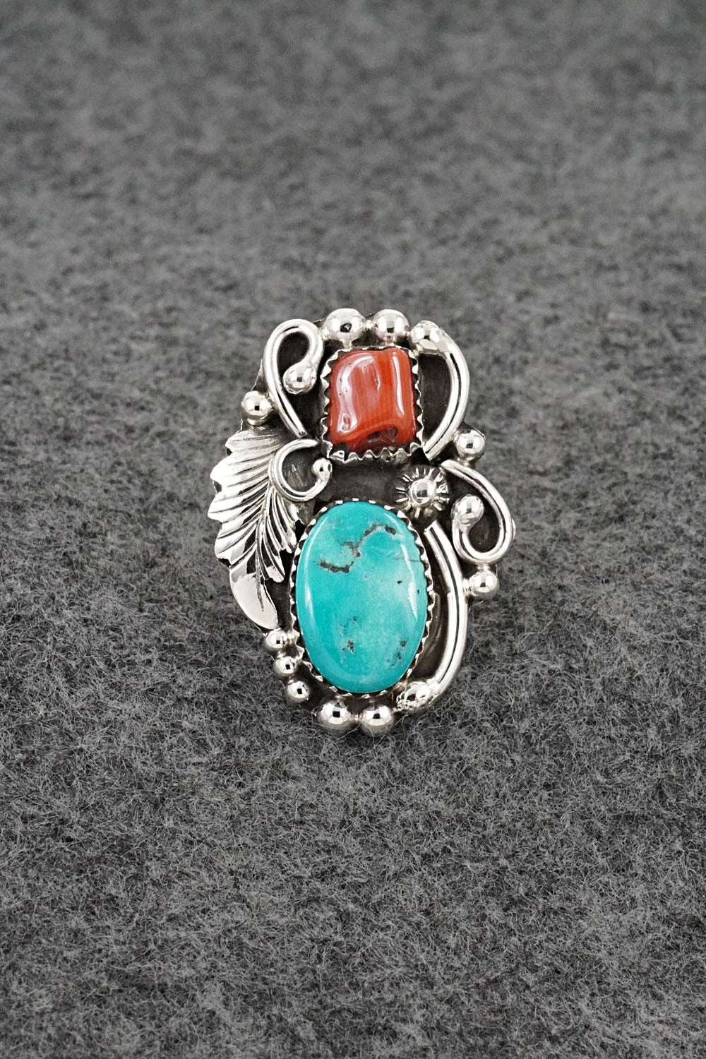 Turquoise, Coral & Sterling Silver Ring - Herbert Begaye - Size 6.5