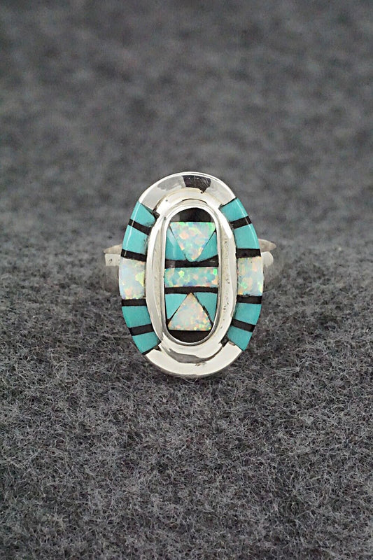 Turquoise, Onyx, Opalite & Sterling Silver Ring - Ophelia Panteah - Sz. 7.5