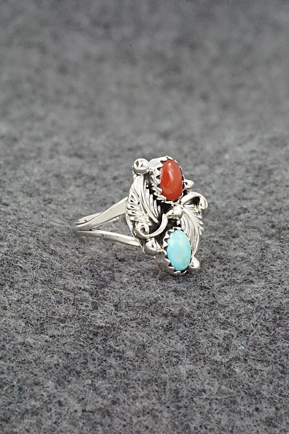 Turquoise, Coral & Sterling Silver Ring - Harris Largo - Size 6.25