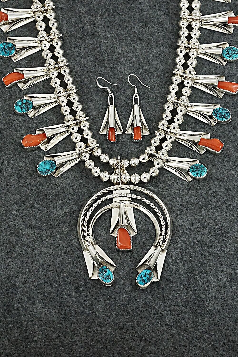 Turquoise, Coral & Sterling Silver Squash Blossom Set - Louise Yazzie