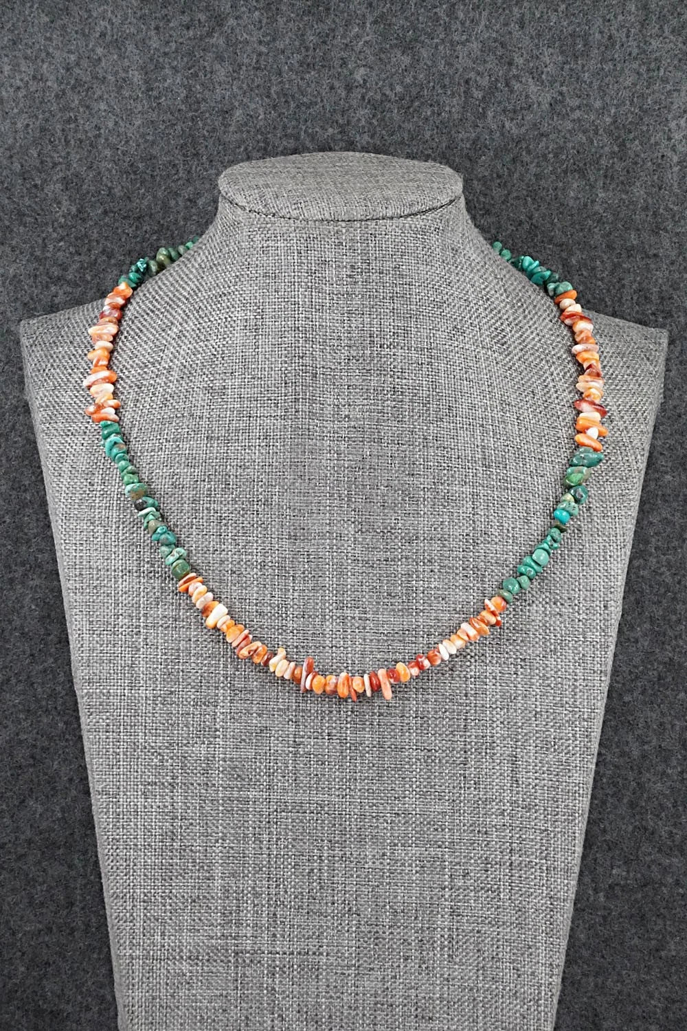Turquoise, Spiny Oyster & Sterling Silver Necklace 17" - Doreen Jake