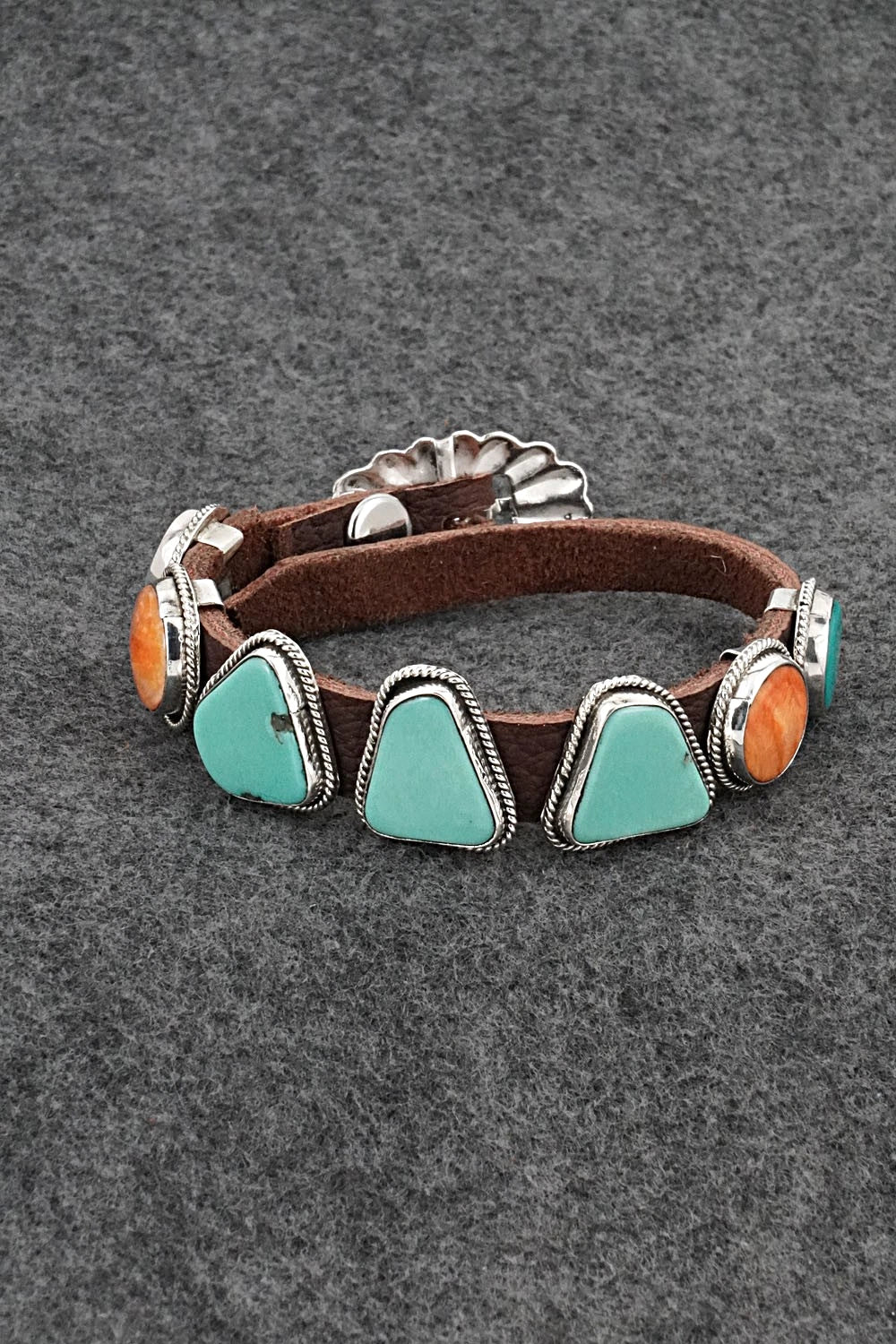 Turquoise, Spiny Oyster, Sterling Silver & Leather Bracelet - Marlene Ramone