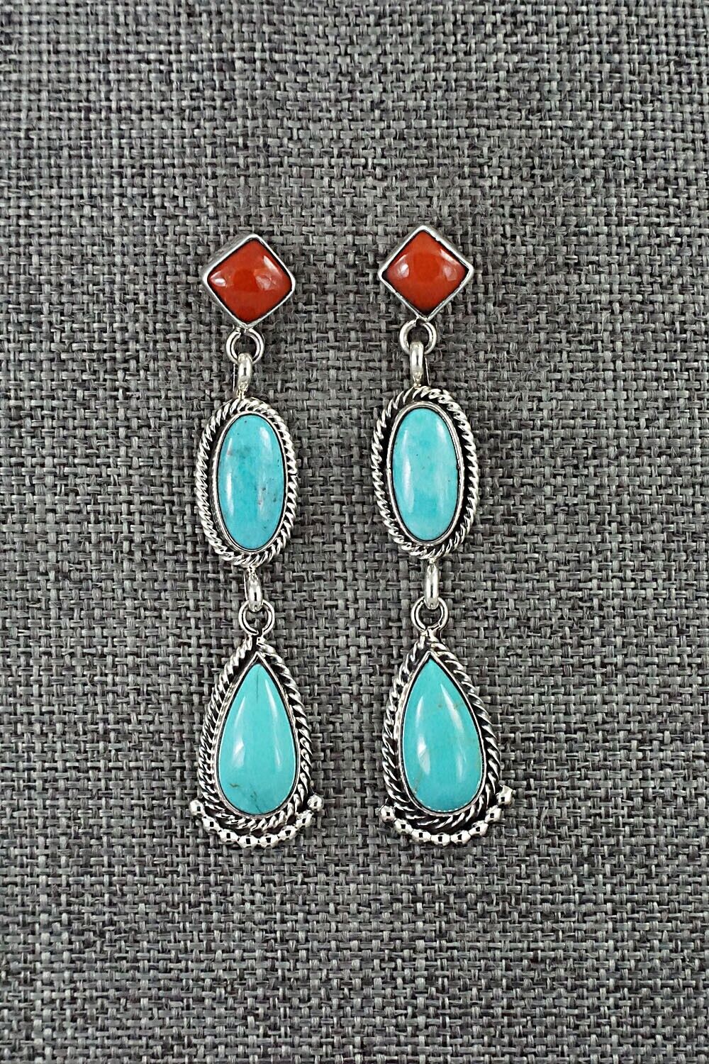 Turquoise, Coral & Sterling Silver Earrings - Verley Betone