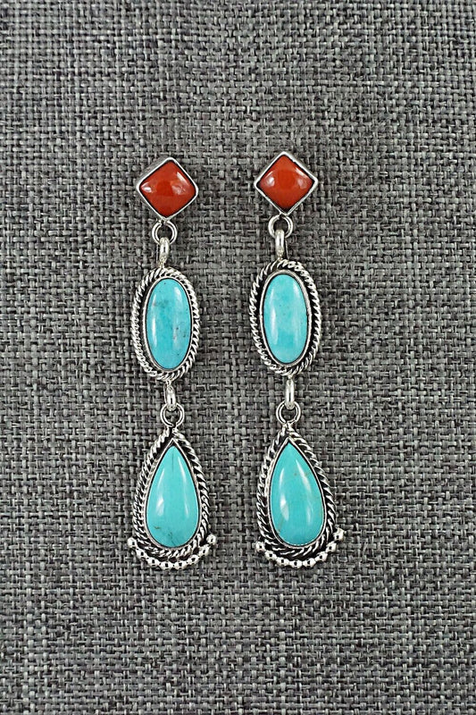 Turquoise, Coral & Sterling Silver Earrings - Verley Betone