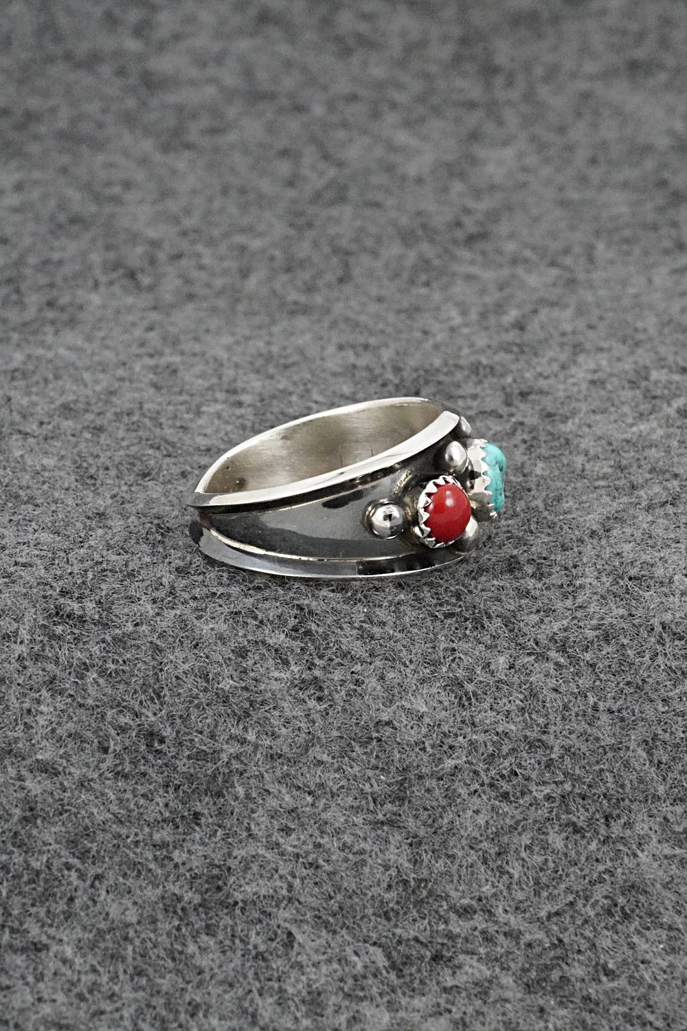 Turquoise, Coral & Sterling Silver Ring - Paul Largo - Size 9.5
