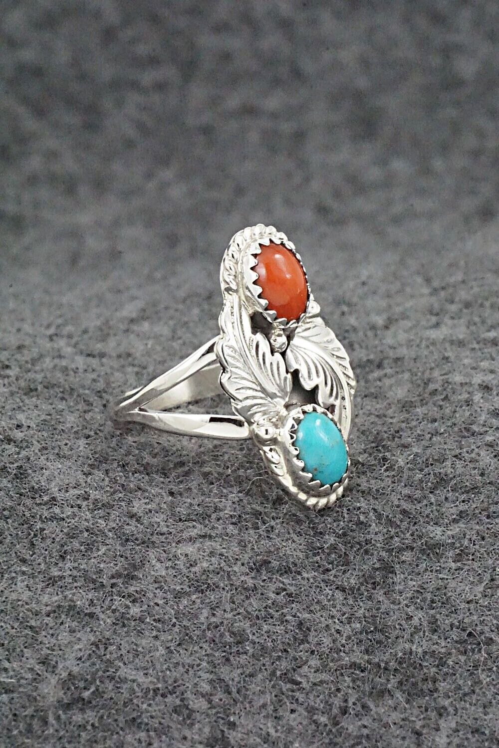 Turquoise, Coral & Sterling Silver Ring - Robert Martinez - Size 8.25