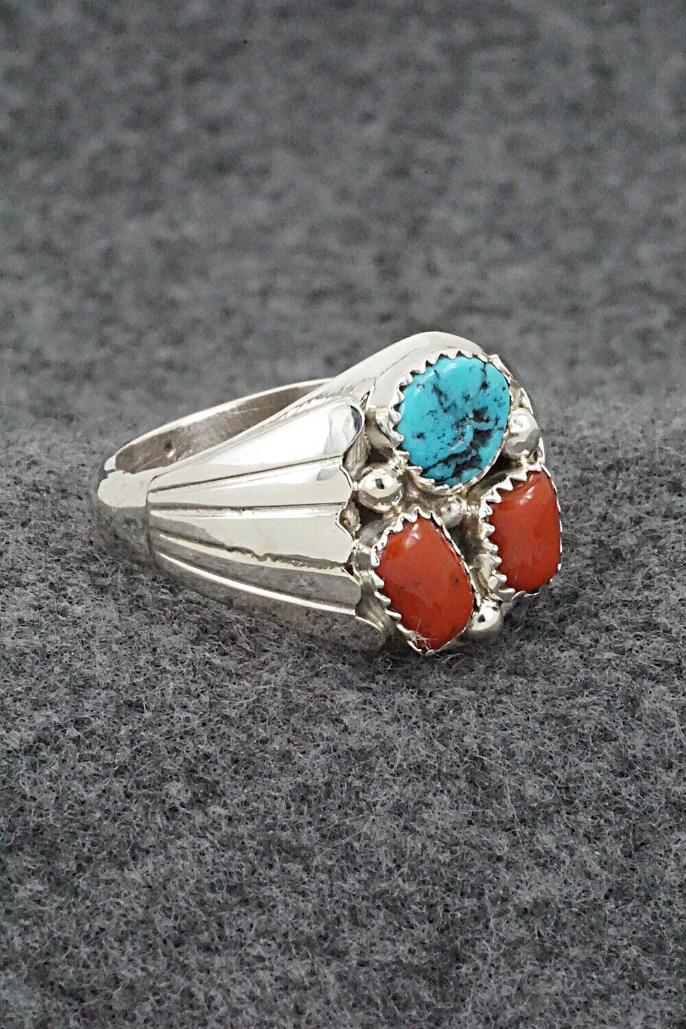 Turquoise, Coral & Sterling Silver Ring - Anna Spencer - 13.5