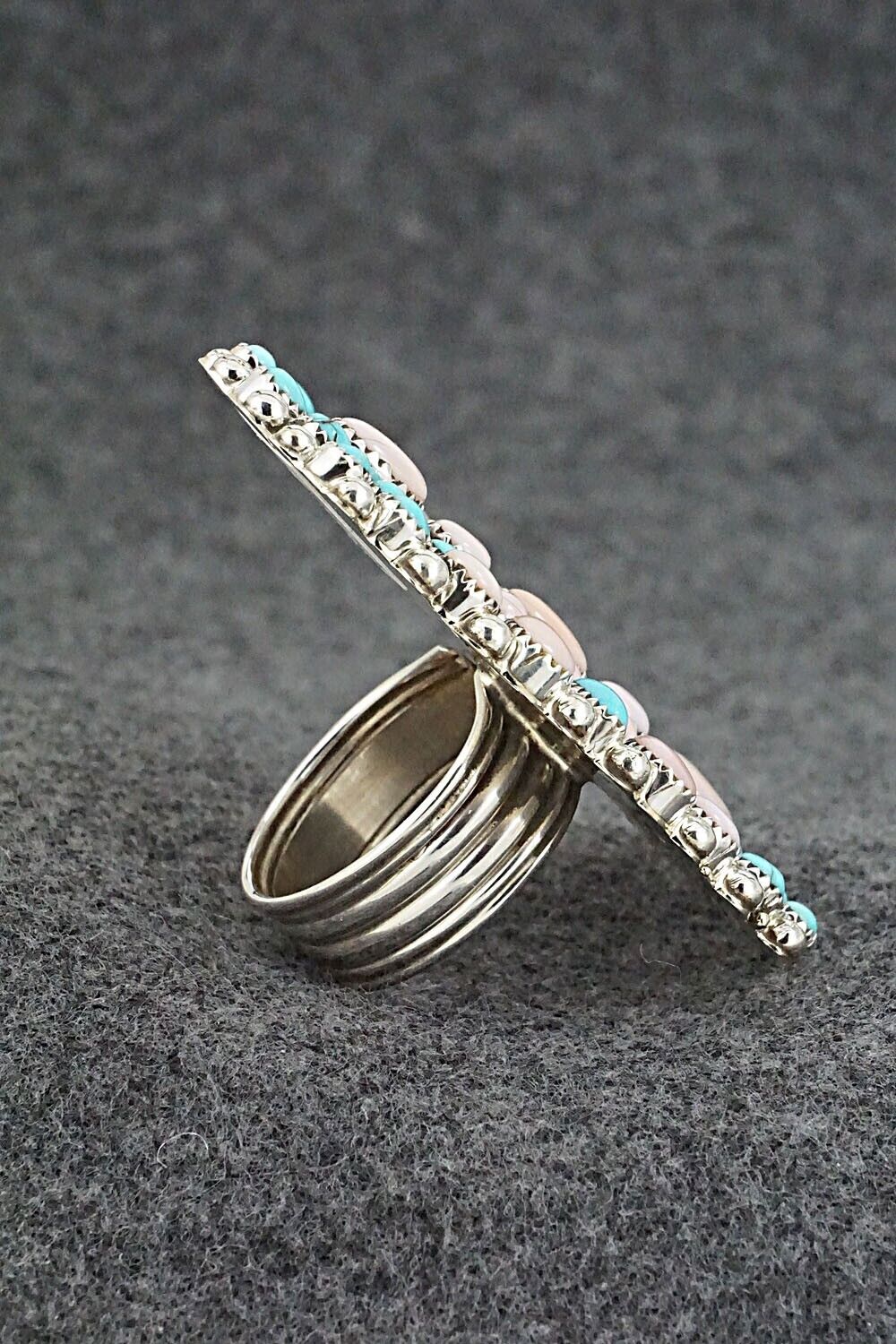 Pink Conch Shell, Turquoise & Sterling Silver Ring - Tina Jones - Size 9.5 (Adj)