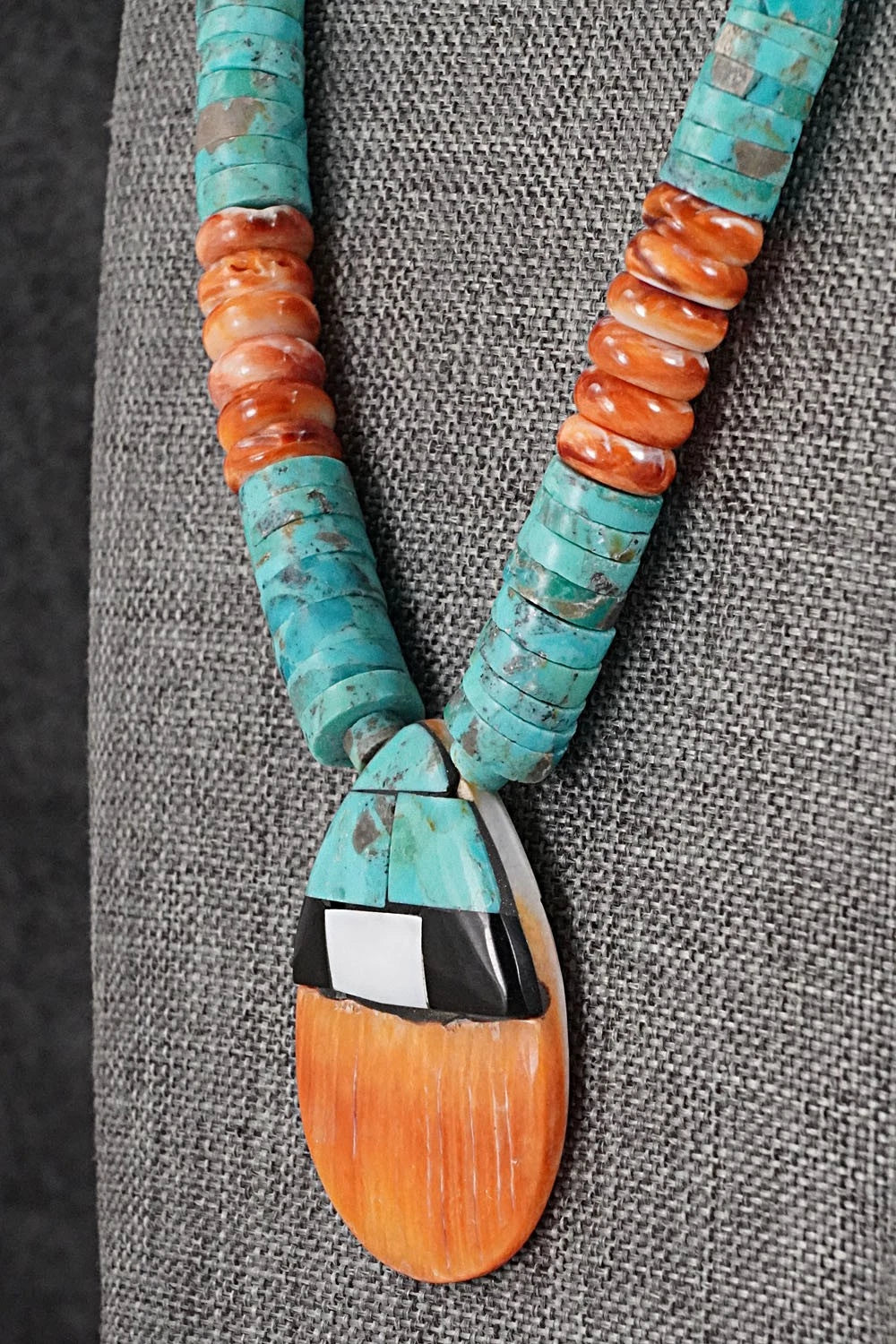 Turquoise, Spiny Oyster and Sterling Silver Necklace - Lupe Lovato