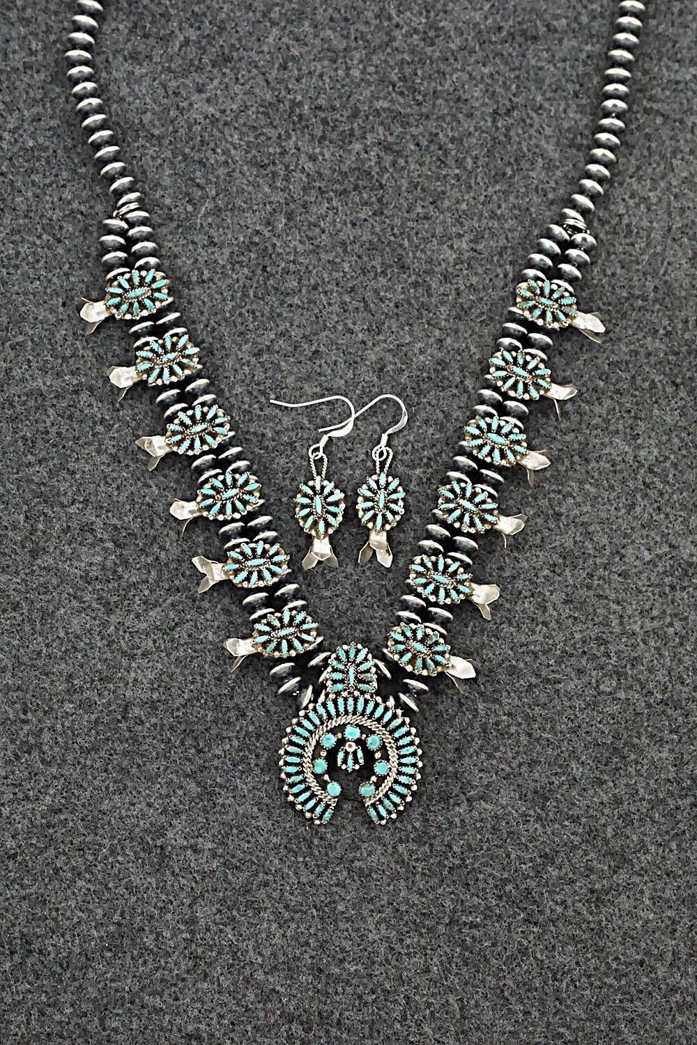 Turquoise & Sterling Silver Mini Squash Blossom Set - Lorena Peina