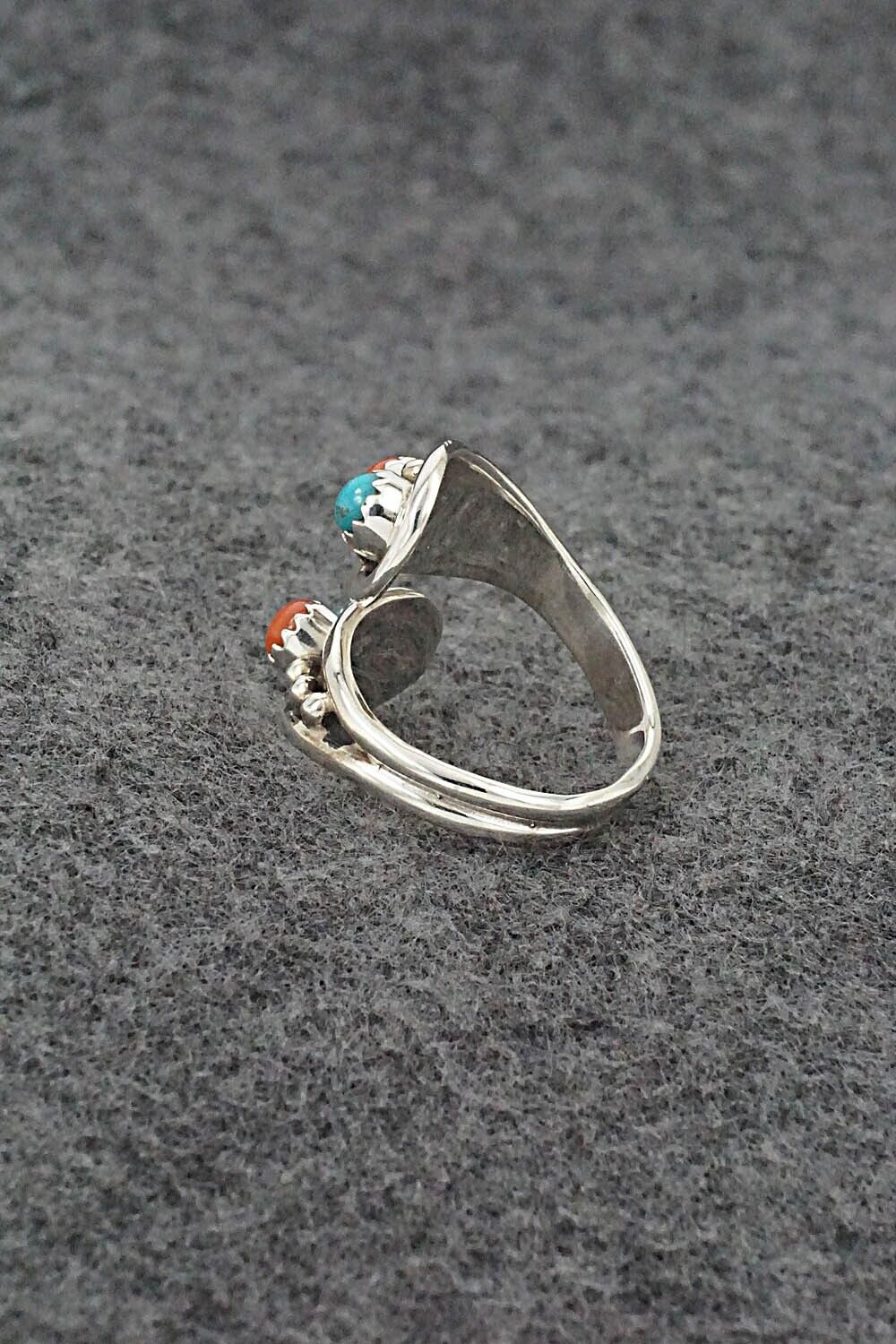 Turquoise, Coral & Sterling Silver Ring - Genevieve Francisco - Size 7.5